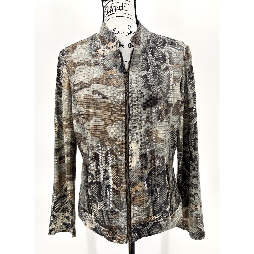 Frank Lyman Evening Jacket Size‎ 12 Faux Snakeskin Print Zip Front Beaded Moto